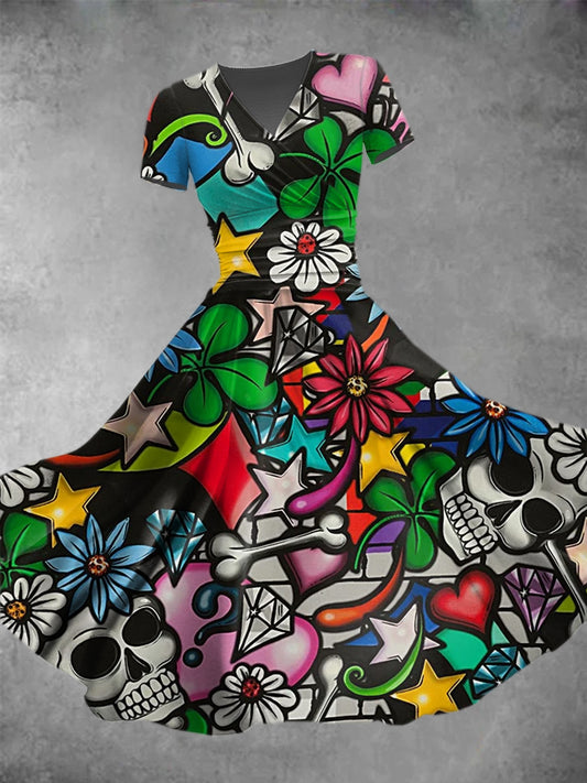 Womens Floral Skull Graffiti Casual Short Sleeve V Neck Dress
