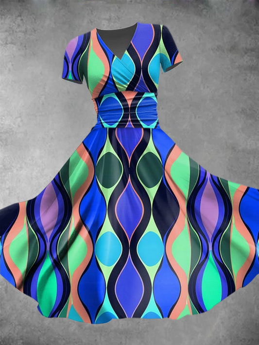 Women's Geometric Shape Illustration Casual Short-Sleeved V-Neck Dress