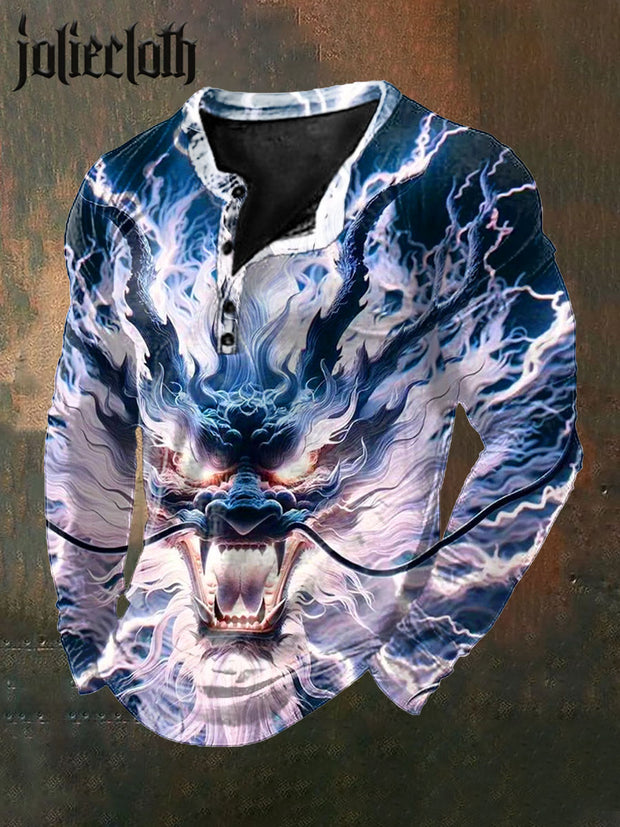 Men's Laser Dragon Illustration Printed Casual Long Sleeve T-shirt