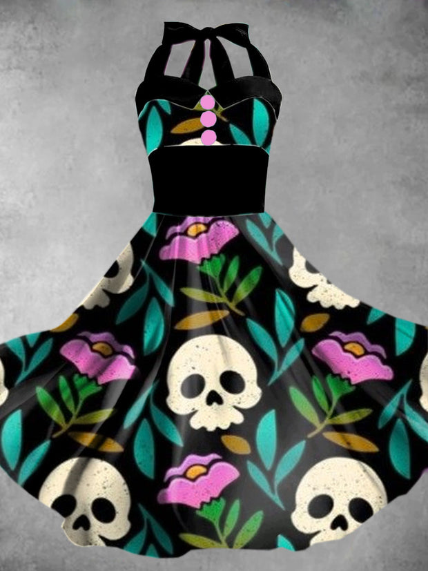 Women's Floral Skull Illustration Print Sleeveless Slip Dress