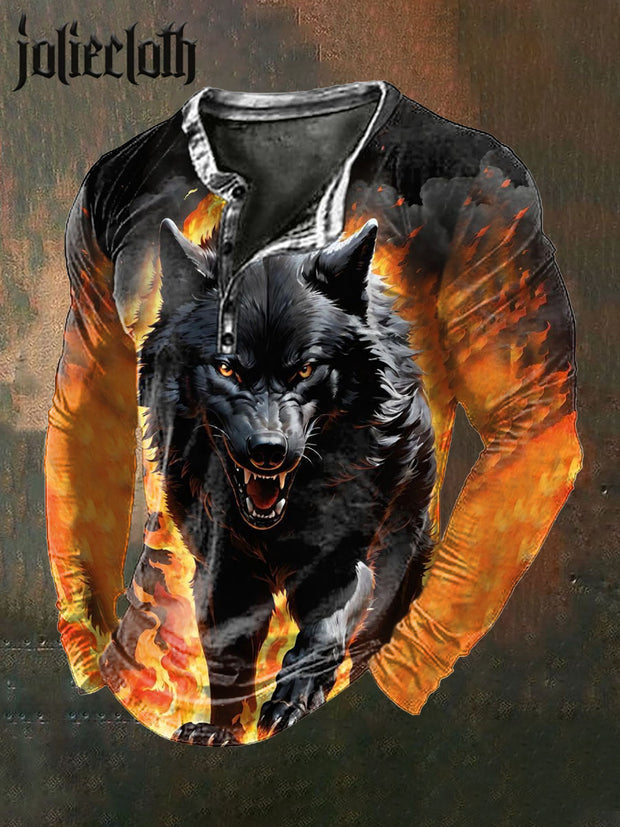 Men's Wolf Warrior Illustration Printed Casual Long Sleeve T-shirt