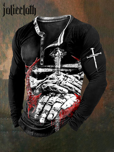 Men's Cross Art Illustration Printed Casual Long Sleeve T-shirt