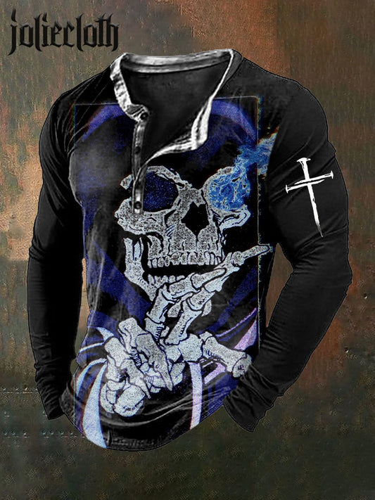 Men's Skull Illustration Print Casual Long Sleeve T-Shirt