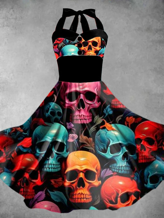 Women's Floral Skull Illustration Print Sleeveless Slip Dress