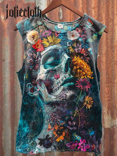 Unisex Fantasy Floral Skull Art Illustration Printed Casual Tank Top