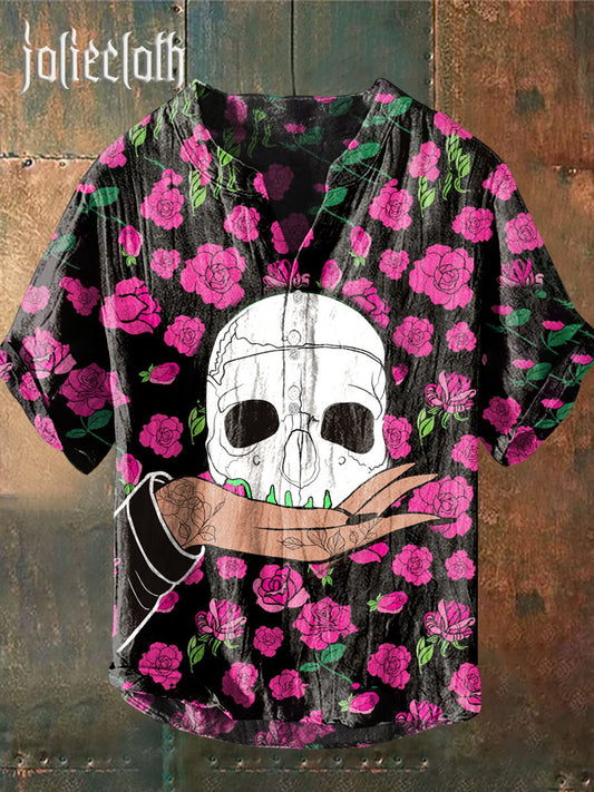 Men's Floral Skull Print Casual Shirt