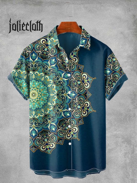 Men's Retro Mandala Pattern Illustration Printed Casual Short Sleeve Shirt
