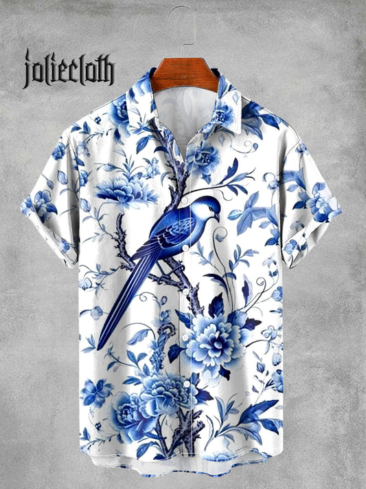 Men's Retro Bird Pattern Illustration Printed Casual Short Sleeve Shirt