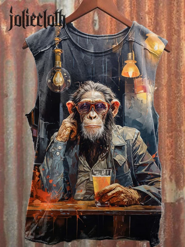 Unisex Funny Monkey Illustration Printed Casual Cotton Tank Top