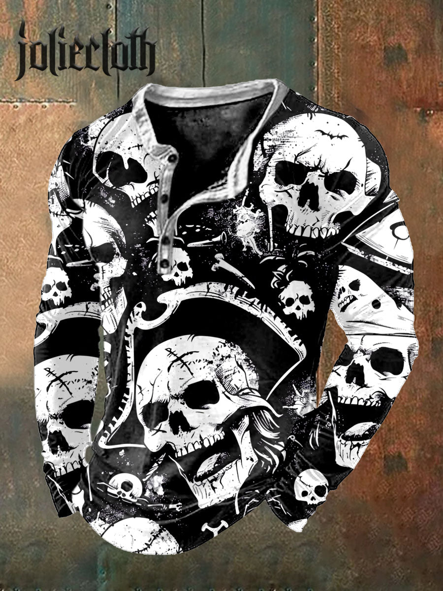 Men's Retro Skull Print Casual Long Sleeve Top