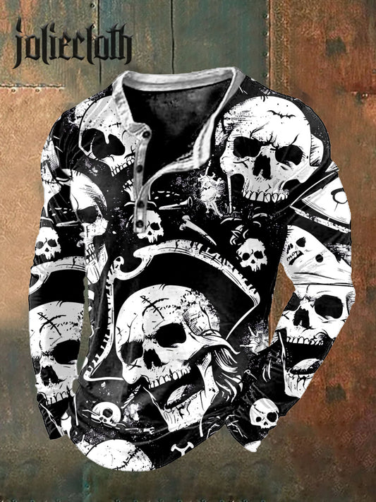 Men's Retro Skull Print Casual Long Sleeve Top