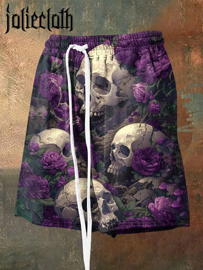 Men's Floral Skull Print Casual Sports Shorts