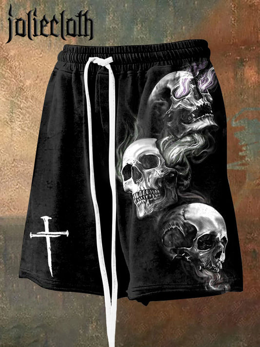 Men's Skull Illustration Pattern Casual Sports Shorts