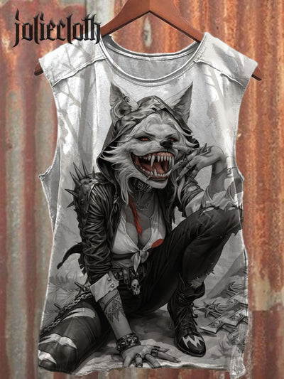 Unisex Warrior Wolf Illustration Printed Casual Cotton Tank Top