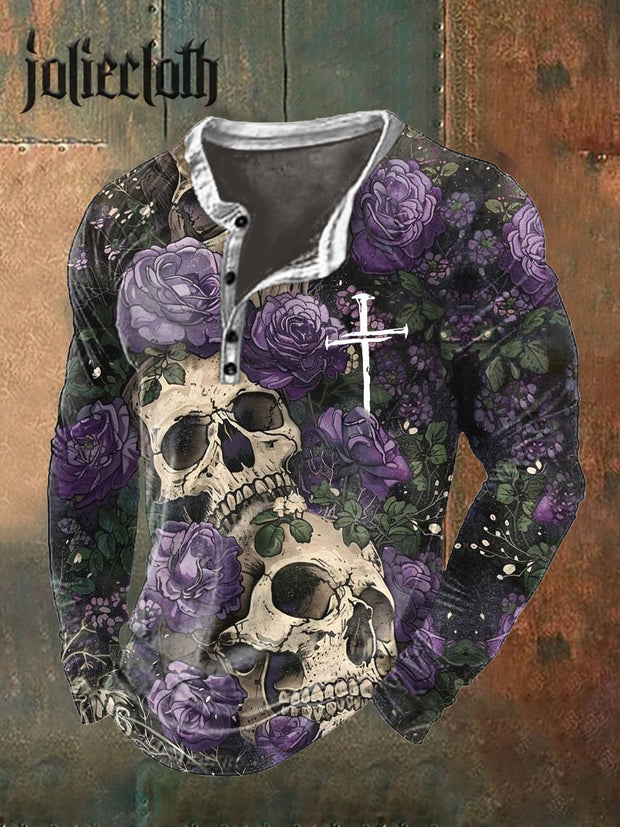 Men's Retro Skull Print Casual Long Sleeve Top