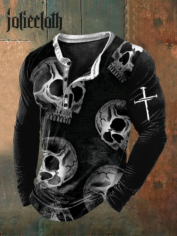 Men's Retro Skull Print Casual Long Sleeve Top