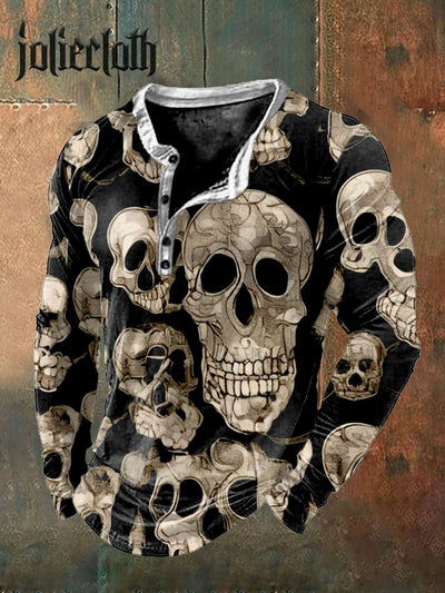 Men's Retro Skull Print Casual Long Sleeve Top