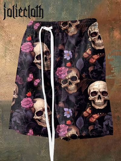 Men's Floral Skull Print Casual Sports Shorts