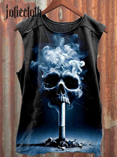 Unisex Smoke Skull Illustration Printed Casual Cotton Tank Top