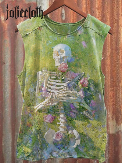 Unisex Floral Skull Art Illustration Printed Casual Cotton Tank Top