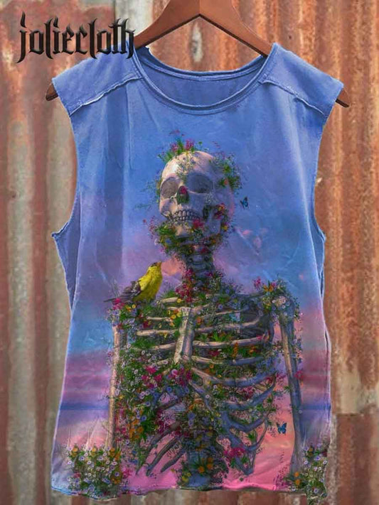 Unisex Floral Skull Art Illustration Printed Casual Cotton Tank Top