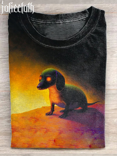 Unisex Vintage Dachshund Illustration Printed Casual Cotton Short Sleeve T-Shirt