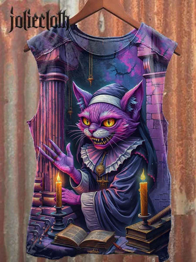 Unisex Cheshire Cat Nun Illustration Printed Casual Cotton Tank Top