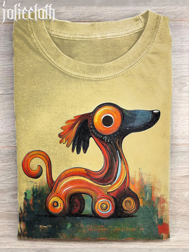 Unisex Vintage Dachshund Illustration Printed Casual Cotton Short Sleeve T-Shirt