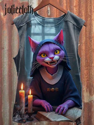 Unisex Cheshire Cat Nun Illustration Printed Casual Cotton Tank Top