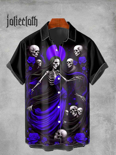 Men's Halloween Skeleton Dance Printed Casual Short Sleeve Shirt