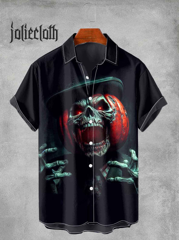 Men's Halloween Horror Pumpkin Print Casual Short Sleeve Shirt