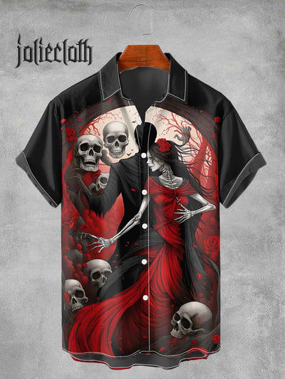 Men's Halloween Skeleton Dance Printed Casual Short Sleeve Shirt