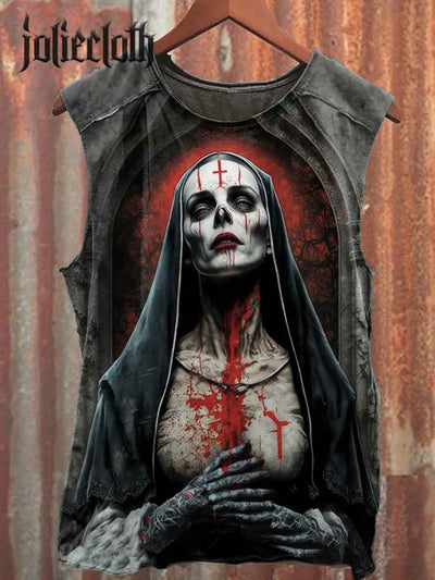 Unisex Horror Nun Art Illustration Printed Casual Cotton Tank Top