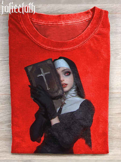 Unisex Nun Art Illustration Printed Casual Cotton Short Sleeve T-Shirt