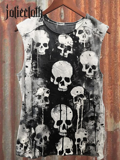 Unisex Skull Graffiti Illustration Printed Casual Cotton Tank Top