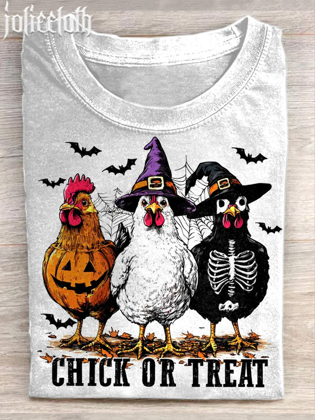 Unisex Halloween Rooster Illustration Printed Casual Short Sleeve T-Shirt