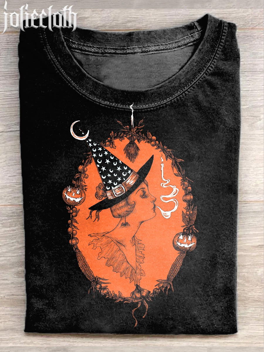 Unisex Halloween Witch Illustration Print Casual Cotton Short Sleeve T-Shirt