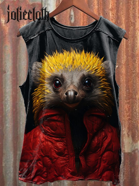 Unisex Funny Hedgehog Illustration Printed Casual Cotton Tank Top