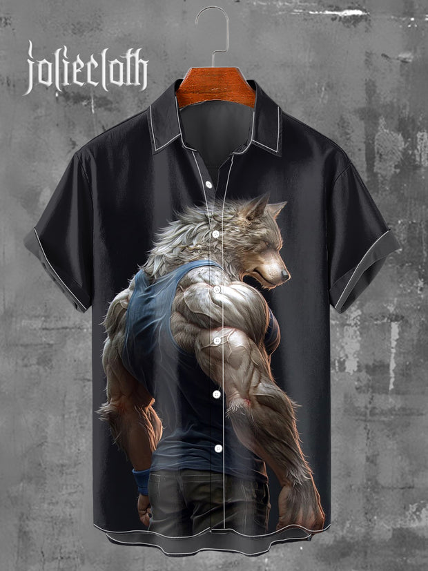 Unisex Wolf Warrior Art Illustration Printed Casual Short Sleeve Shirt