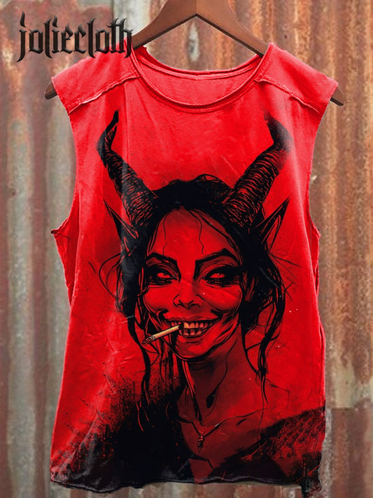 Unisex Sexy Little Devil Illustration Printed Casual Cotton Tank Top