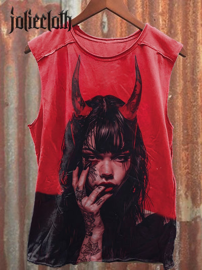 Unisex Sexy Little Devil Illustration Printed Casual Cotton Tank Top