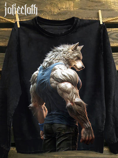 Unisex Wolf Warrior Art Illustration Printed Casual Sweatshirt