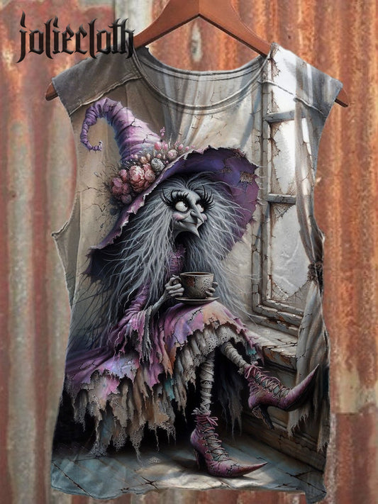 Unisex Halloween Witch Illustration Printed Casual Cotton Tank Top