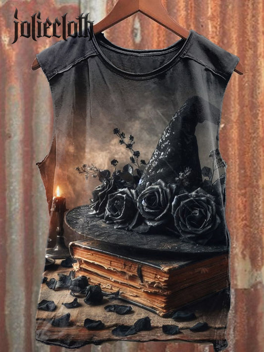 Unisex Halloween Witch Hat Illustration Printed Casual Cotton Tank Top