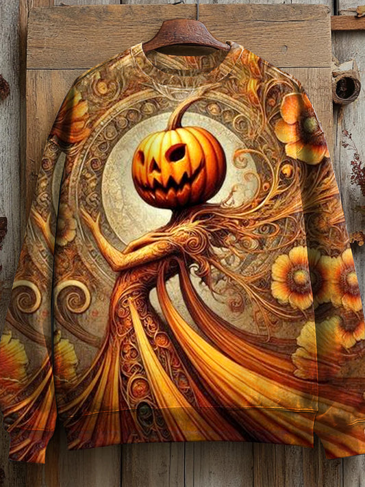 Unisex Halloween Pumpkin Witch Illustration Print Casual Crewneck Sweatshirt