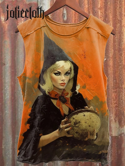 Unisex Halloween Witch Illustration Printed Casual Cotton Tank Top