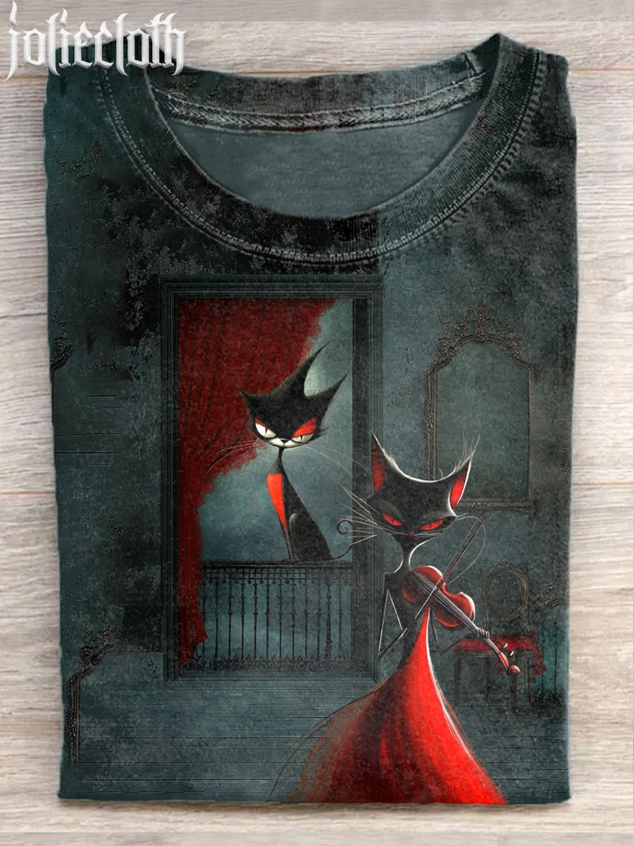 Unisex Halloween Witch Cat Illustration Casual Cotton Short Sleeve T-Shirt