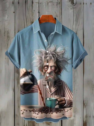 Men's Funny Old Man Art Illustration Printed Casual Short Sleeve Shirt