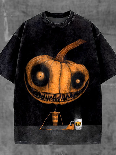 Unisex Halloween Pumpkin Spice Illustration Printed Casual Cotton Short Sleeve T-Shirt