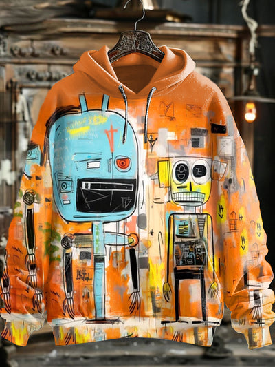 Unisex Robot Graffiti Illustration Print Casual Hooded Sweatshirt